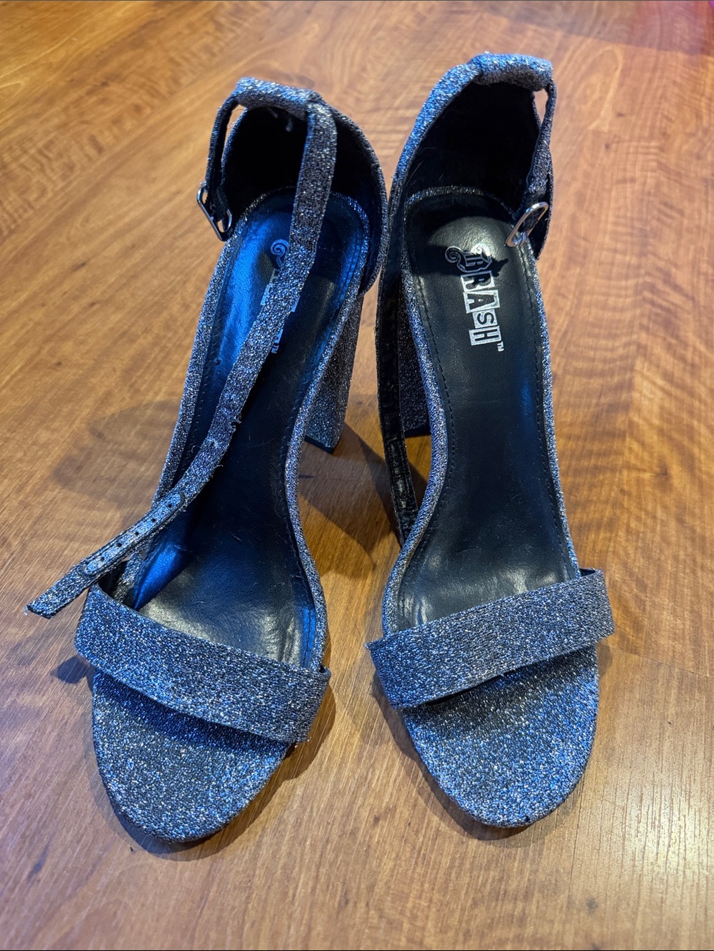 Brash Glitter Ankle-Strap Heels in Black